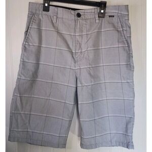 Hurley Shorts Size 31 Light Gray Plaid Cotton Chino Golf Casual Flat Front Mens